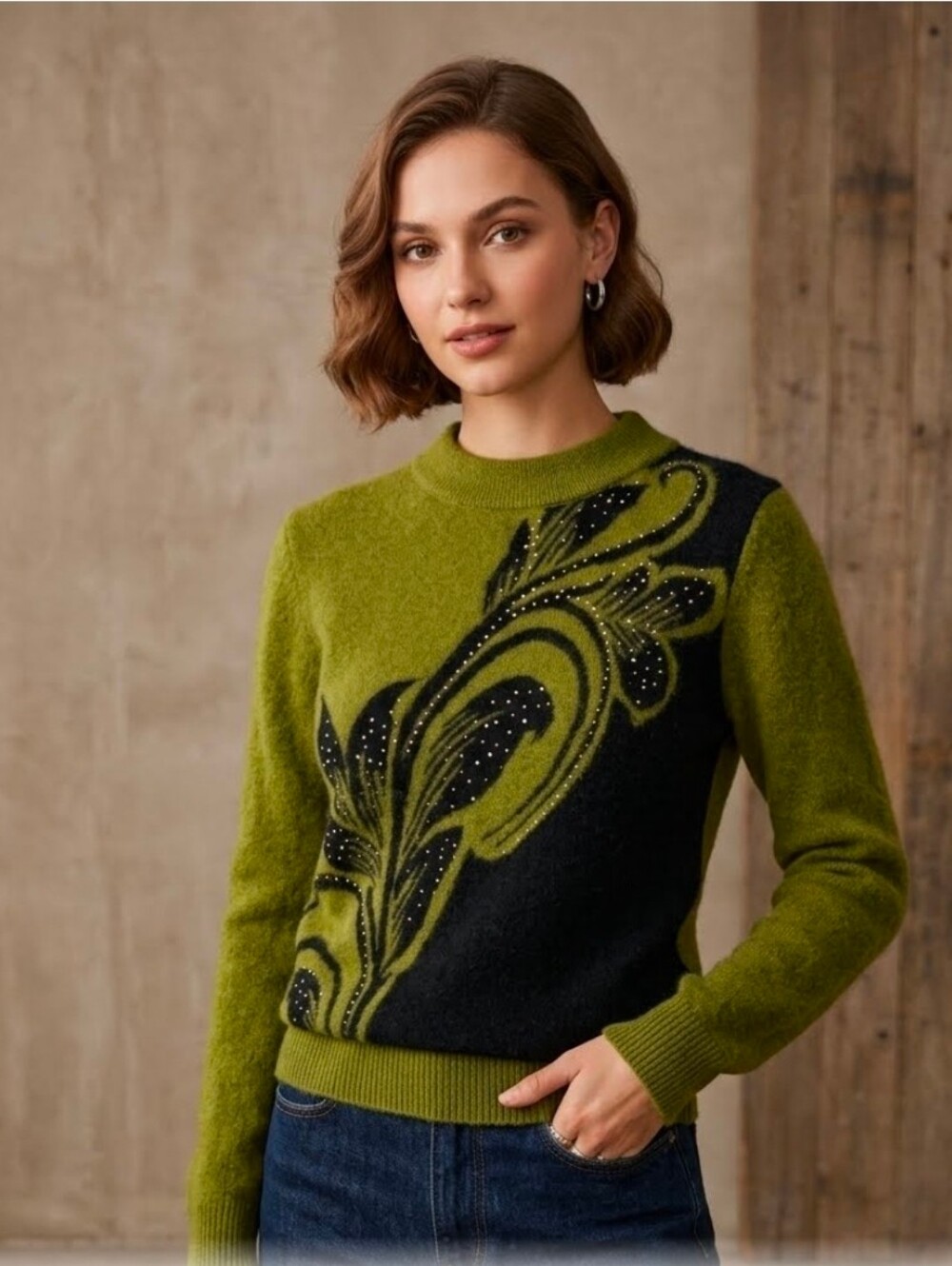 Ge La Xue Feny GreenOlive 100%MinkVelvet Knit GraphicRhinestone PulloverSweater